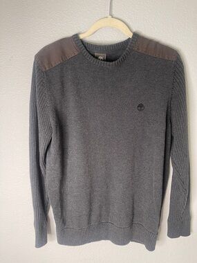 Timberland Gray Crewneck Sweater with Brown Shoulder Patches